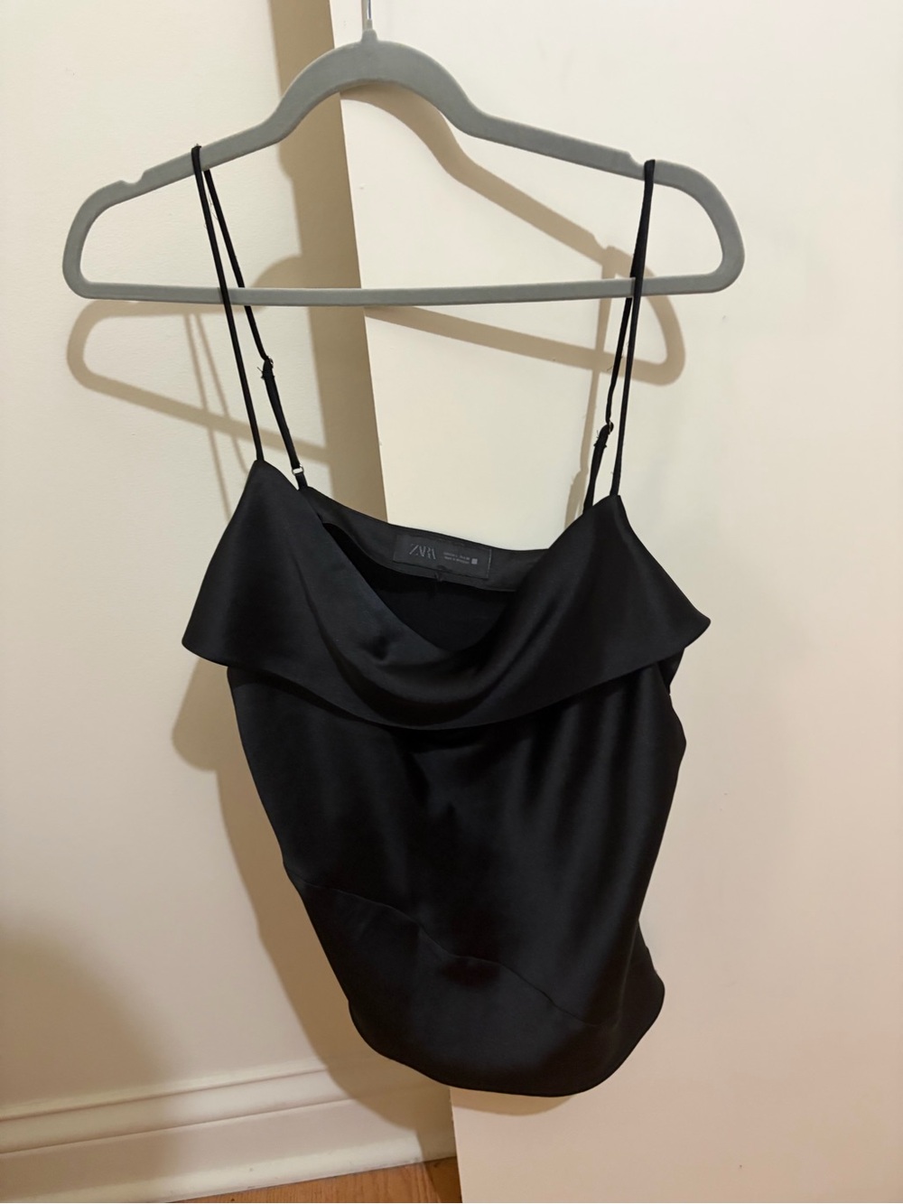 Satin Cowl Neck Spaghetti Strap Top - Black Zara